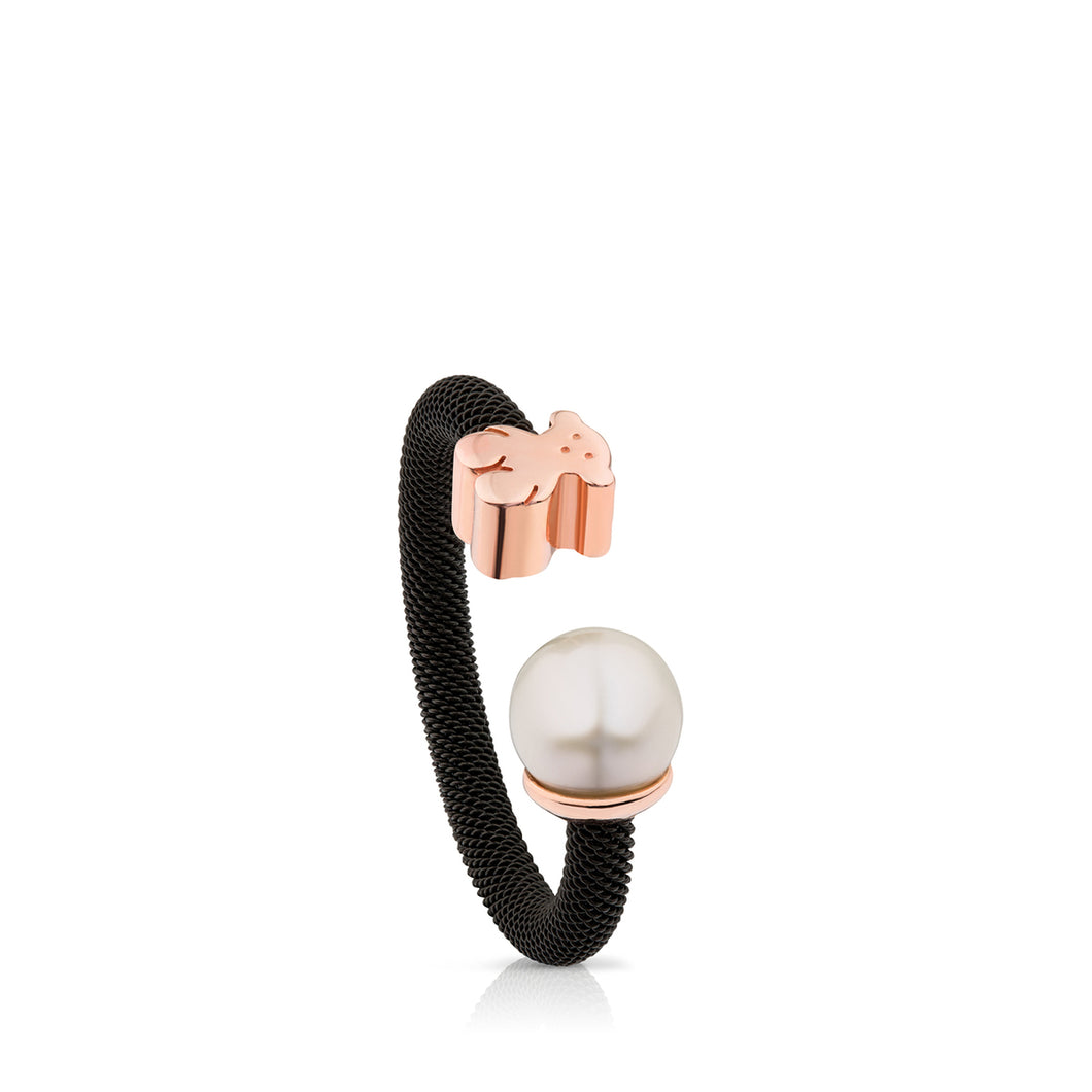 Tous Steel and Rose Vermeil Silver Icon Mesh Ring with Pearl 613105510