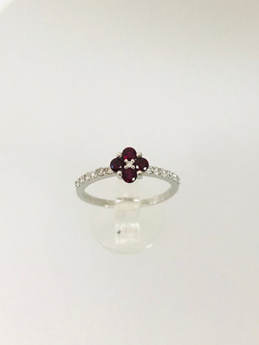 ANELLO FANTASIA FIORE RUBINI DIAMANTI ORO BIANCO