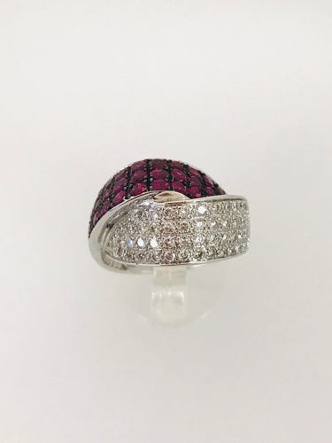 ANELLO PAVE' DIAMANTI RUBINI ORO BIANCO