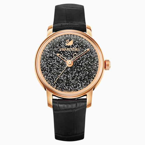 OROLOGIO CRYSTALLINE HOURS, CINTURINO IN PELLE, NERO, PVD ORO ROSA