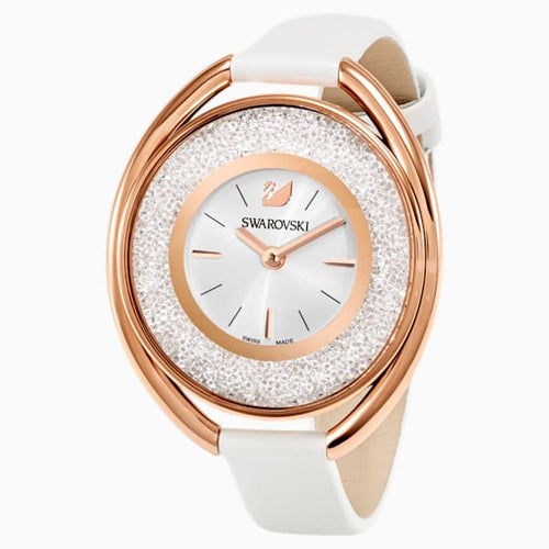 OROLOGIO CRYSTALLINE OVAL, CINTURINO IN PELLE, BIANCO, PVD ORO ROSA